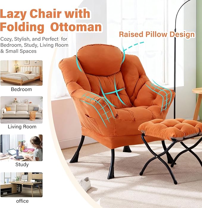 Lazy Chair with Ottoman, Modern Chair with Folding Footrest, Lounge Accent Chair, Comfortable Reading Chair, Oversized Armchairs for Bedroom, Study, Living Room, Courtyard, Orange