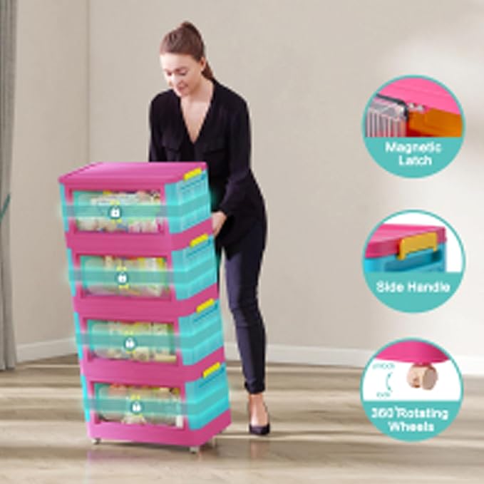4 Tiers Folding Storage Cabinet,20" Side Wide Collapsible Storage Bins with Doors and Wheels, Space Saving Plastic Cabinet for Living Room, Office, Dorm, Rainbow