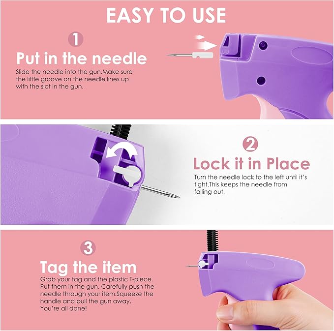 Handheld Micro Tagging Stitch Gun for Clothes - Quick Clothing Fixer - Mini Sewing Kit - Includes 6 Needle, 1000 Black Fasteners & 1000 White Fasteners (Purple)