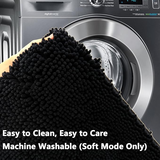 BOANKODU Bathroom Rug Sets, Absorbent Chenille Bath Rugs Non-Slip, 32x20 Inch + 20x20 Inch U Shape, Machine Washable (Black)