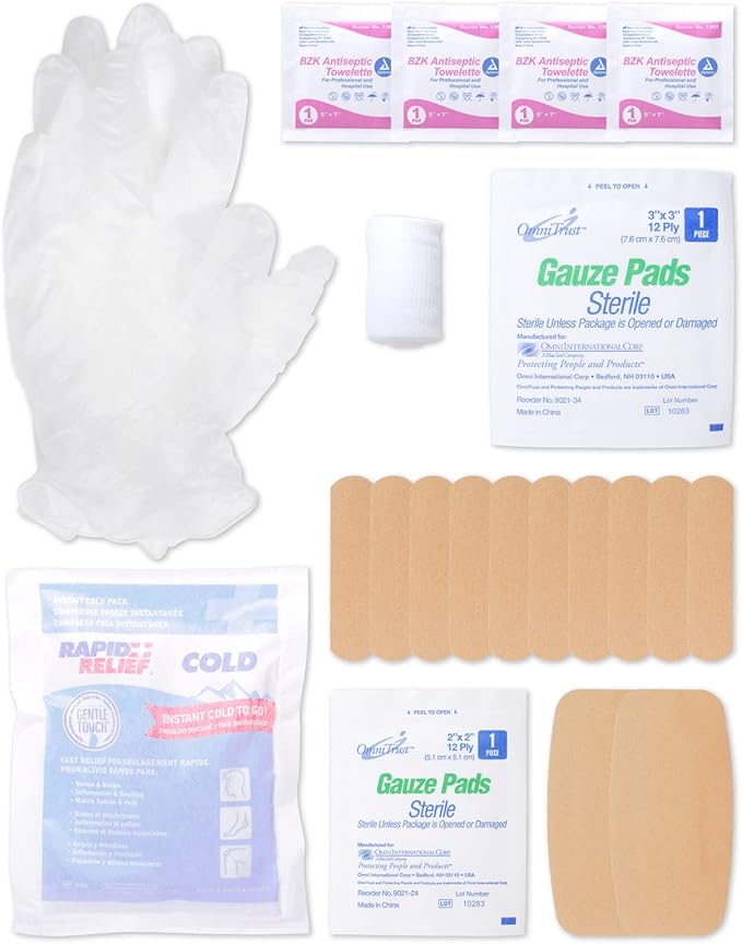 MFASCO Classroom First Aid Kit Pack - Completely Disposable - Great for Teachers & Group Leaders - Clear Plastic Container - Economical Basics - 21 Pcs - Fits Desks & Cupboards - 6x5x1 3/4 Inches