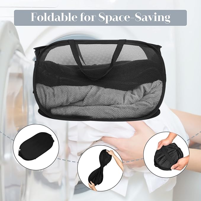 Durable Collapsible Laundry Baskets, Mesh Pop Up Laundry Hamper with Side Pocket, Foldable Clothes Storage Hamper with Reinforced Carry Handles for Laundry, Bathroom, Kids Room, Dorm or Travel Black