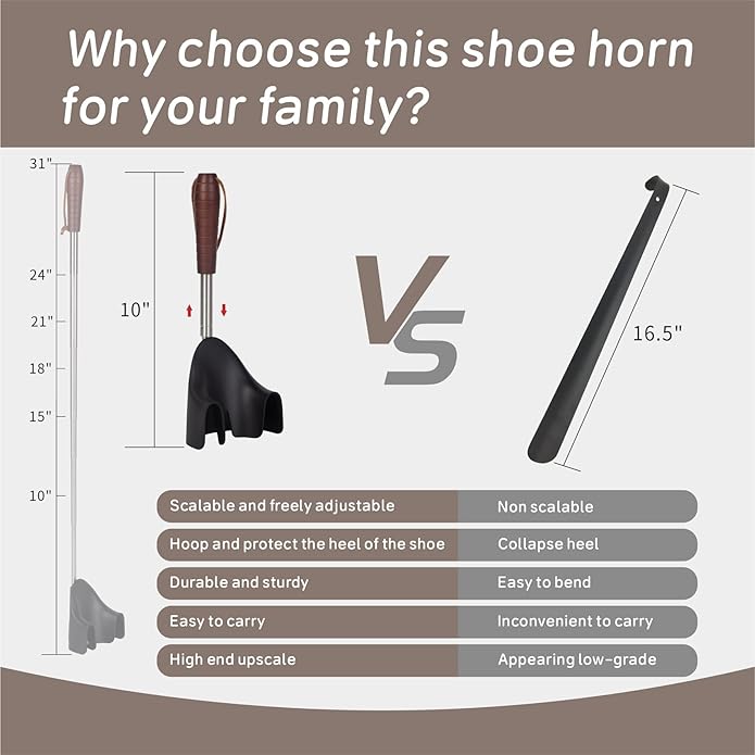 REVEX Long Handle Shoe Horn,Shoe Horn Long Handle for Seniors Men Women,Shoe Horn with Heel Protection,10''-31'' Telescopic