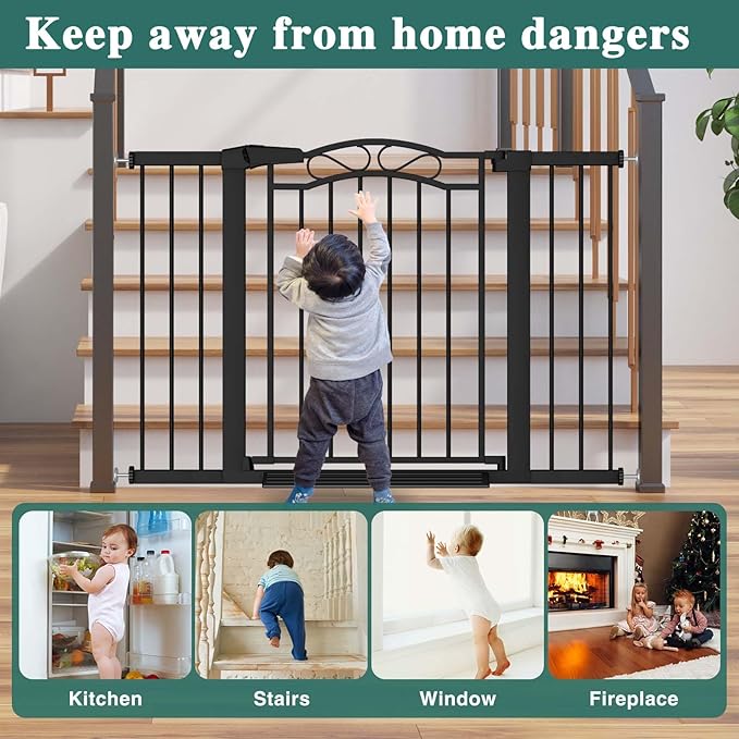 Fairy Baby 68.2"-70.8" Extra Wide Baby Gate with Door, 69 70 Inches Walk THR Baby Gates for Stairs Pressure Mounted no Drill, Indoor Tension Metal Child Pet Dog Safety Gate for Kids, Black