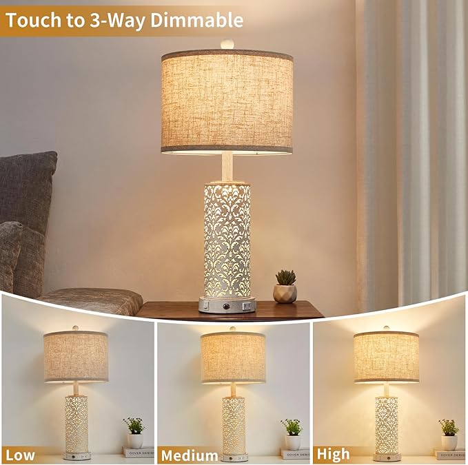26" Farmhouse Table Lamp Dual Light, 3-Way Dimmable Touch Lamps, Rustic Nightstand Bedside Lamps with 2 USB Ports + AC Outlet, Modern Nightlight for Living Room Bedroom and Nightstand