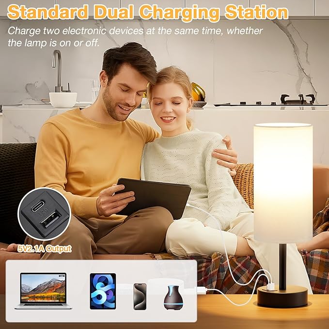 Dicoool White Touch Table Lamp with USB - 3 Way Dimmable Bedside Lamp for Nightstand, Bedroom Lamp with Black Charging Station for Desk, Office, Kids Room, Dorm, Small