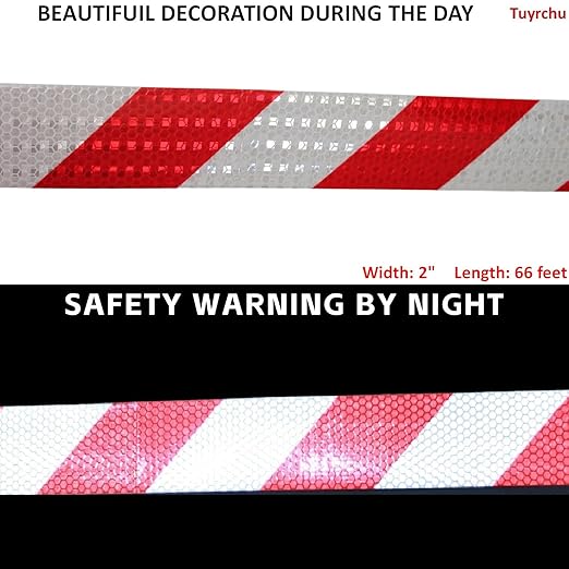 Reflective Tape Red and White 2 inch X 66 feet, Outdoor Waterproof Hazard Conspicuity Warning Industrial Marking Tape