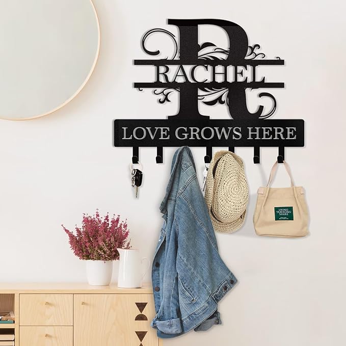 Personalized Key Holder for Wall - Custom Family Name Key Holder Wall Mount, Key Organizer Rack with Monogram Design, Key Rack Coat Hooks for Bedroom Doorway Hallway, Housewarming Gifts