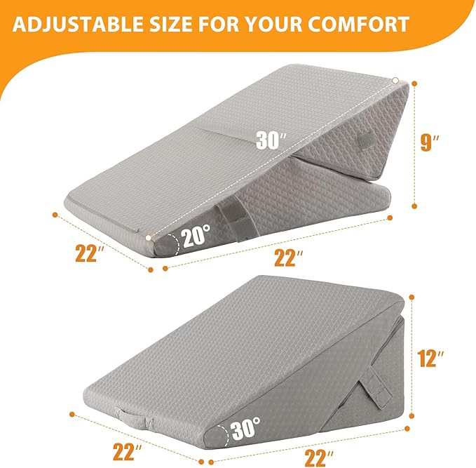 Bed Wedge Pillow for Sleeping, 9&12 Inch Adjustable Wedge Pillow Set for After Surgery, Triangle Pillow for Back Pain Relief, Leg Support, Acid Reflux, Gerd, Grey