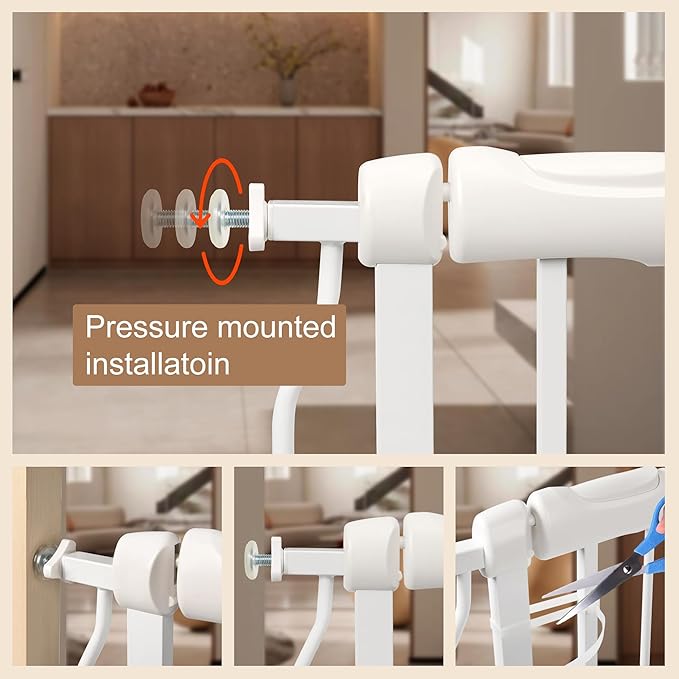 Baby Gate for Stairs No Drill 43.31-48.03 Inch,Pressure Mounted Metal Child Safety Dog Gates for Doorways,Walk Through Pet Gate Indoor Auto Close,White