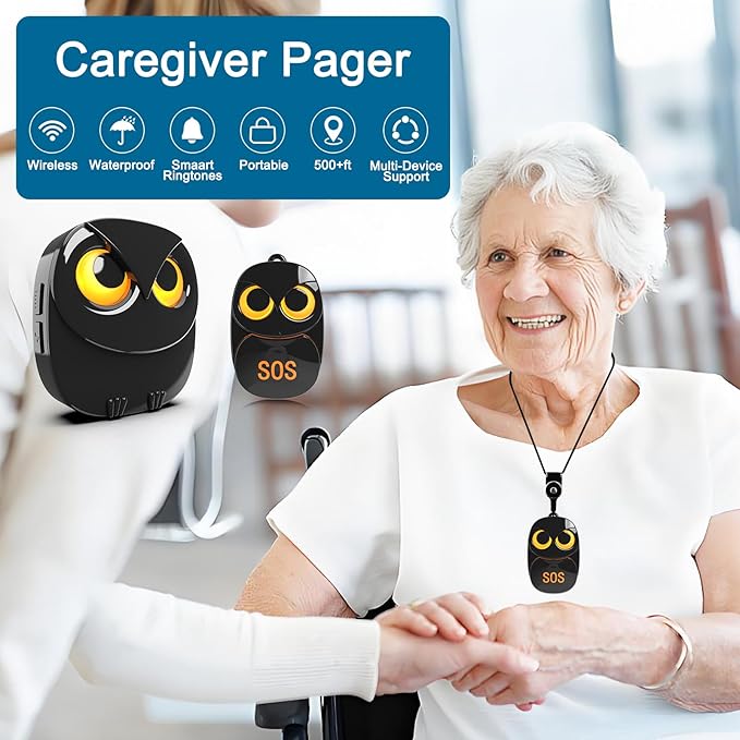 HTZSAFE Caregiver Pager Wireless Call Button 500+ Feet, SOS Alert Nurse Calling Elderly Fall Help System for Patient/Disabled Monitoring at Home, IP55 Waterproof, 1 Transmitter + 1 Receiver , Black
