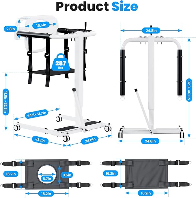 Portable Patient Lift Chair, Transfer Chair for Elderly & Disabled, Folding Wheelchair Lift for Home, Bathroom & Car Transfers, 3 Seat Cushions Included, 287lbs Capacity