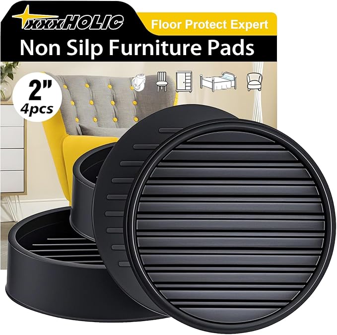xxxHOLIC Non Slip Furniture Pads, 2” Round Black Rubber Grippers for Hardwood Floors, Anti Skid Furniture Feet Coasters, Bed Couch Stoppers to Prevent Sliding and Floor Scratches, Set of 4