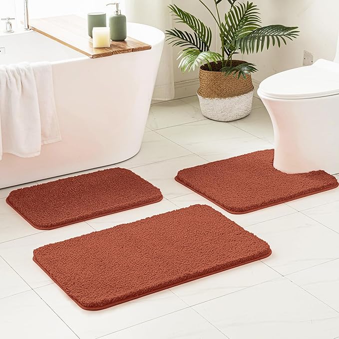 MIULEE Rust Microfiber Toilet Bath Mat U-Shaped Contour Shaggy Rugs Non Slip Extra Thick Soft Absorbent Water for Bathroom Commode Machine Washable(20x20 Inch)