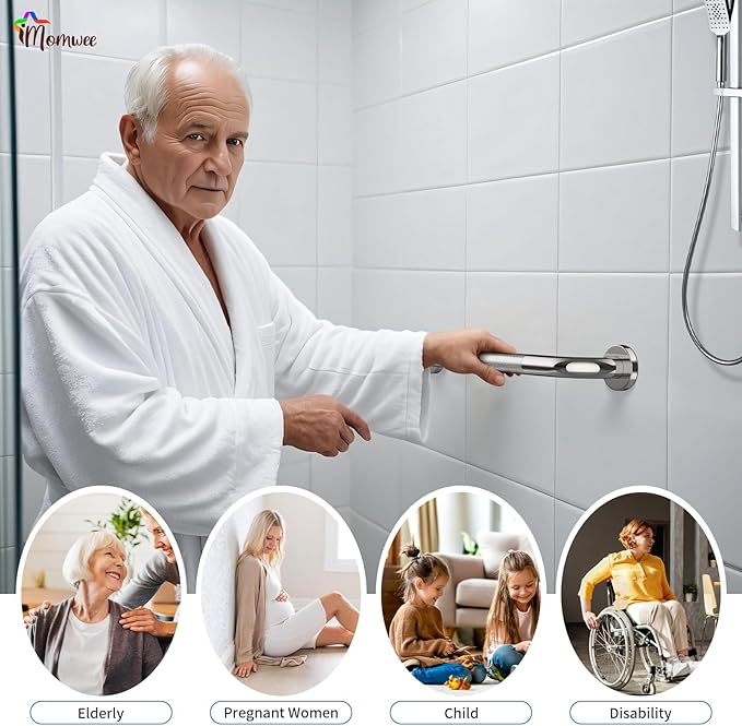 Anti-Slip Chrome Grab Bar 16 Inch, iMomwee 2 Pack Stainless Steel Bathroom Grab Bar w/Knurled Grip, Safety Shower Grab Bar for Wall, Toilet Balanced Support Bar Bathtub Assist Handle for Elderly