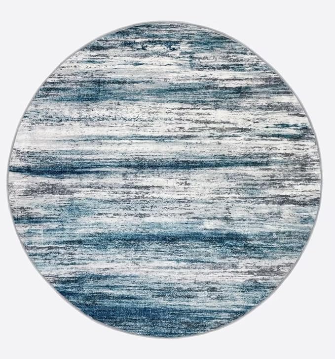 KOZYFLY Round Washable Rugs 6Ft Modern Abstract Ombre Rug for Bedroom, Washable Circle Rug Non-Slip Soft Striped Living Room Area Rug, Print Blue Carpet for Laundry Nursery