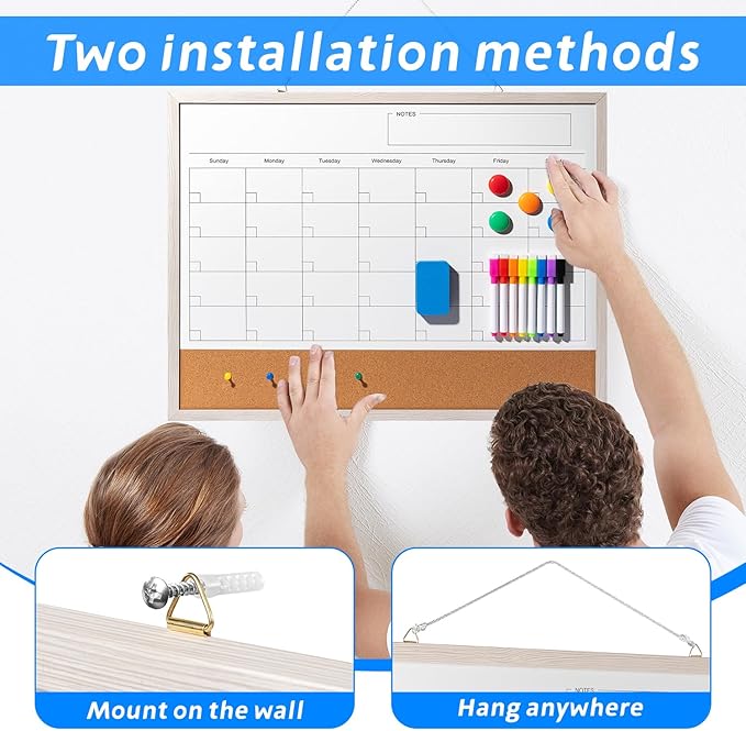 Dry Erase Calendar Whiteboard, 24" x 18" Magnetic Whiteboard Cork Board Combo, Reusable Monthly Planner with 8 Markers, Eraser, Magnets and Pushpins, Hanging Dry Erase Board for Home, School - White