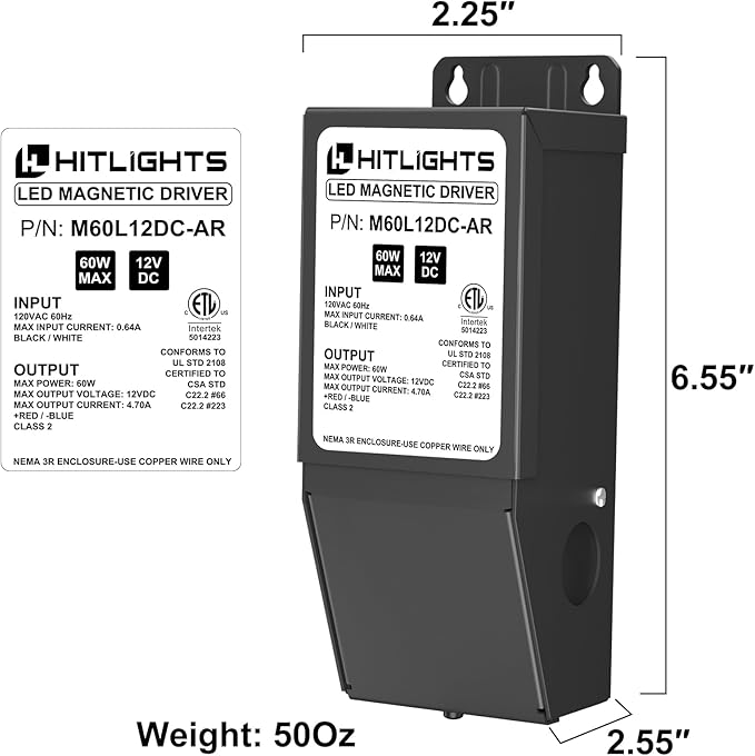 HitLights Dimmable LED Driver 12V 60W, Magnetic Power Supply, 120VAC to 12VDC, Compatible with Lutron＆Leviton Dimmer, Low Voltage Transformer for LED Strip Light, Kitchen, Cabinet, Class2, ETL Listed