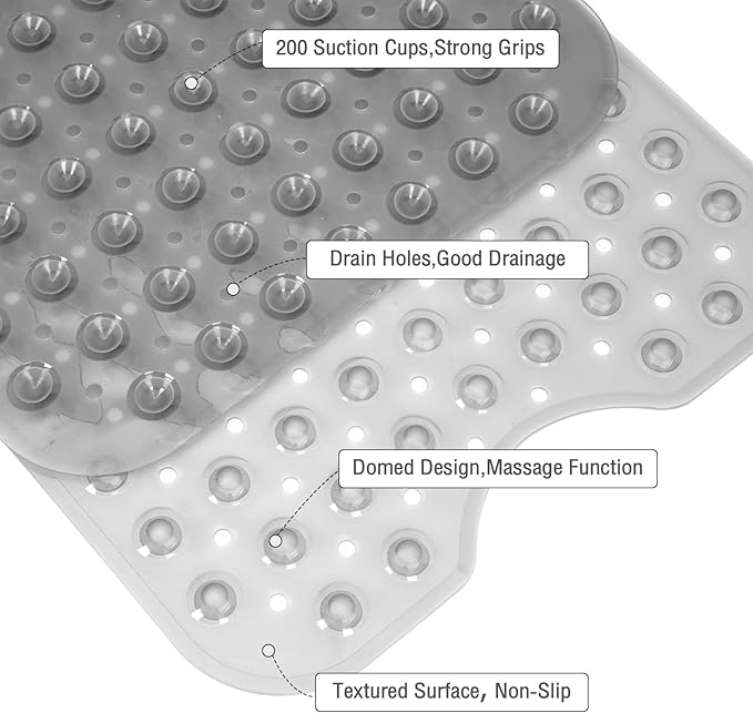 Extra Long Bathtub Mat Non Slip, Clear Gray Soft Bath Mat for Tub 40 x 16 Inch Full Size, Bath Tub Shower Mats for Bathroom Floor, Big Suction Cups and Drain Holes, Easy Washable, BPA Free