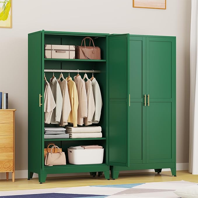 Metal Wardrobe Storage Cabinet with Hanging Rod,71'' Metal Clothing Cabinet with 2 Doors and 2 Adjustable Shelves for Bedroom, Laundry Room, Cloak Room (2 Doors-71'', Green)