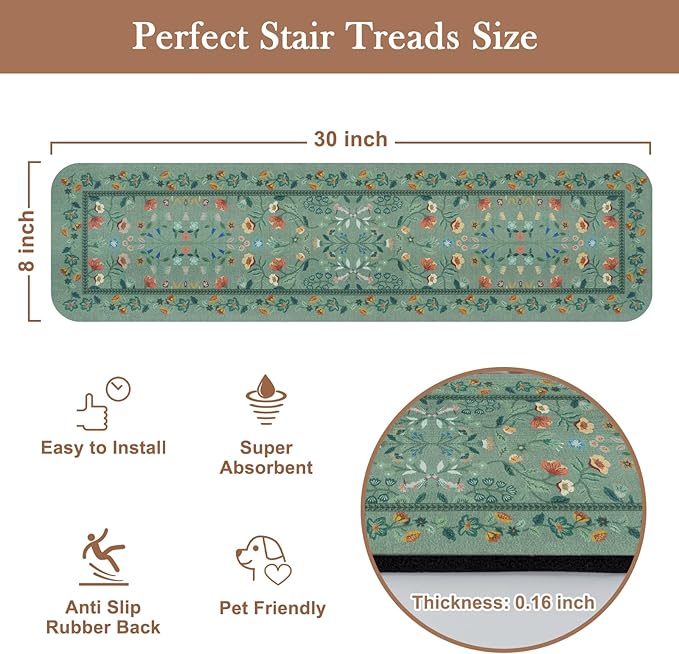 OJIA Floral Stair Treads Non-Slip Stair Runner for Wooden Steps Indoor 15PCS 30"x8" Carpet Stair Treads Stair Mats Staircase Step Treads for Kids, Elders and Dogs, Stair Covers, Green