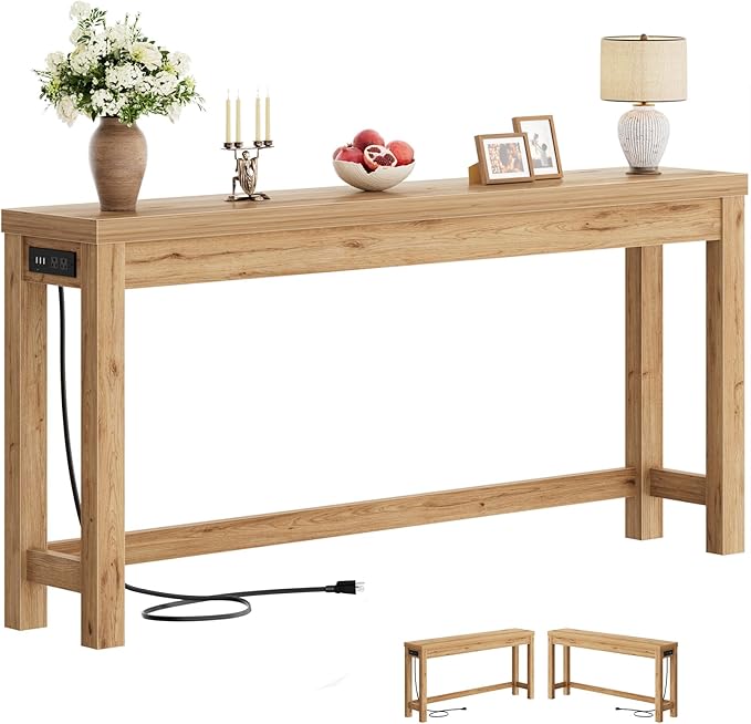 Cyclysio 63" Console Tables for Entryway, Long Console Tables for Living Room, Behind Couch Table, Sturdy Wood Support Farmhouse Entryway Table with 3AC+2USB Charging‌ Station, Natural Oak