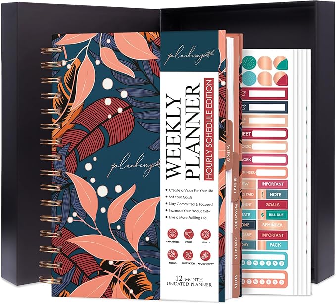 PLANBERRY Hourly Schedule Planner Premium – Undated Weekly Organizer with Time Slots & Monthly Budget – Time Management, Goal Setting, to-Do List & Habit Tracker –6.9″x8.5″(Tropical Night)