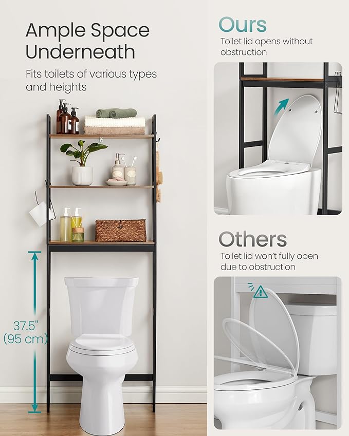 SONGMICS Over-The-Toilet Storage, 3-Tier Bathroom Organizer Over Toilet with Adjustable Shelves, Hooks, Bamboo, Freestanding Space Saver Bathroom Shelves, Rustic Brown and Ink Black UBTS012B01