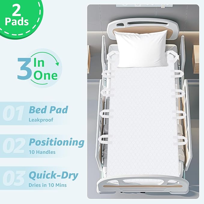 Incontinence Bed Pads Washable: Waterproof Bed Pads for Elderly with 10 Handles,2 Pcs 34"x72" Reusable Bed Underpads, Positioning Bed Pads for Incontinence Adult, Bedwet,Kids,Bedridden,Hospitals