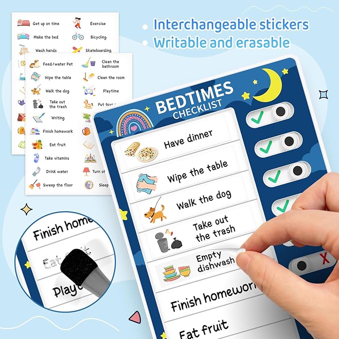 Chore Chart for Kids: Dry Erase Visual Schedule, Magnetic Bedtime/Morning Routine Chart - Toddler Chore Board, Checklist, To Do List for Kids (2 morning checklists, 2 bedtime checklists)