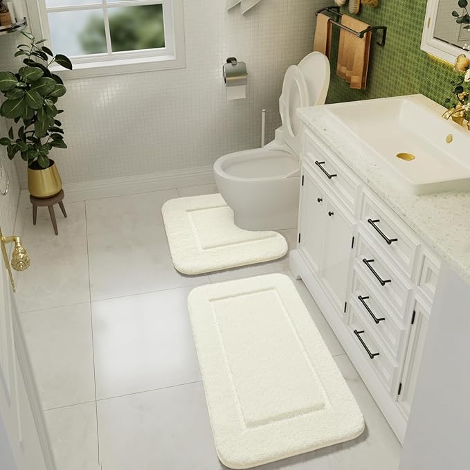 LOCHAS Bathroom Rug Set Cream White, Soft Bath Rug Set 2 Piece Set, Toilet Mat U-Shaped 20x20 and 34x20 Bath Rugs, Quickly Dry Mats for Bathroom, Tub, Washable, Super Absorbent Floor Mat