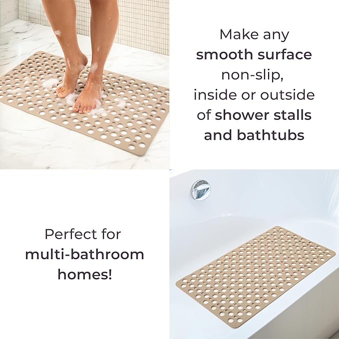 Non Slip Bathtub Mat and Shower Mat Beige TPE Strong Suction Cups Aesthetic Bath Mat for Inside Shower with Soft Texture, Quick-Dry Drain Holes, Spa-Inspired Design 30x17” (75x43 cm) (2)