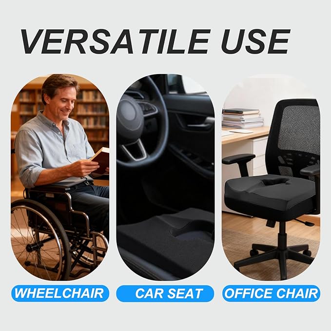 Gel Wheelchair Seat Cushion,Bed Sore Cushions for Butt,Chair Pressure Sore Cushion,Memory Foam Butt Pillow for Bed,Pressure Ulcer Pain Relief,Sciatica,Coccyx,Non-Slip Washable Cover(Black)