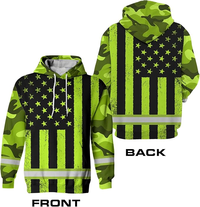 US Flag High Visibility Hoodie for Men Reflective Hoodie Safety Workwear for Worker Runner Patriotic ACC02