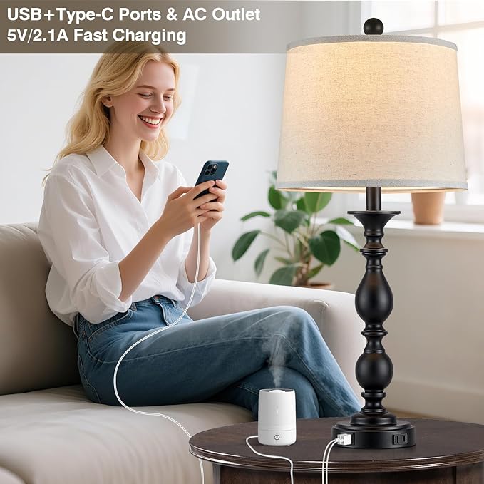 28" Tall Modern Table Lamps Set of 2 with USB C+A Ports and AC Outlet, 3 Way Touch Metal Bedside Lamps for Living Room, Black Farmhouse Nightstand Lamps for Bedroom