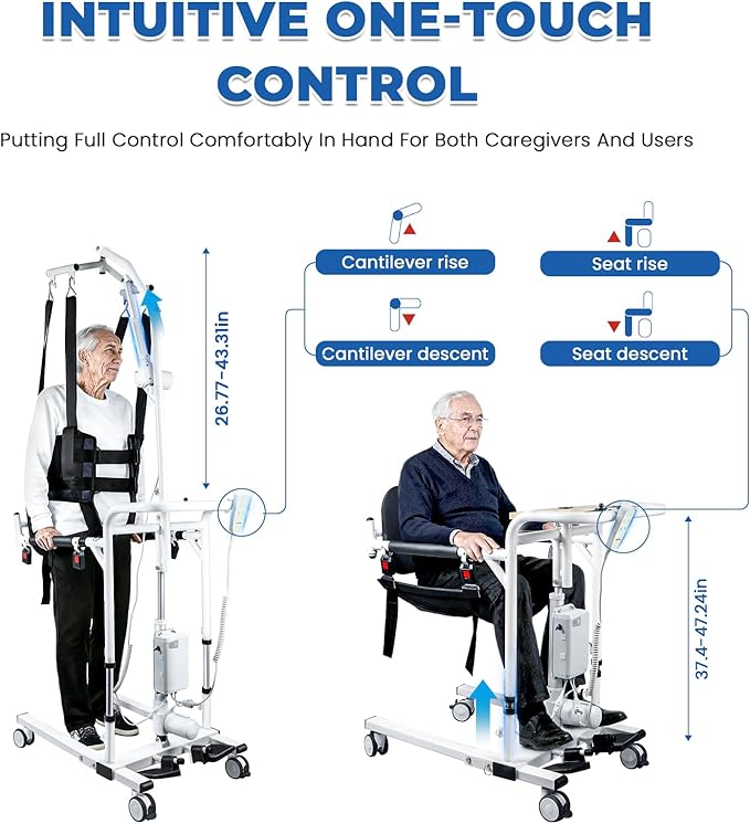 Patient Lift Transfer Chair, 5 in 1 Patient Lift Chair with 180°Split Seat, Height Adjustable Patient Transfer Chair with 4 Casters for Home Seniors Elderly, Load 450Lbs (Electric with Hanger, Silver)