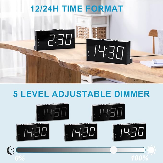 Extra Loud Dual Alarm Clock with Vibration for Bedroom,Extreme Bed Shaker Alarm Clock for Deep Sleeper Hard of Hearing Deaf,7" Clear LED Display,USB Port,Battery Backup,Easy to Set for Senior,Kids,DST