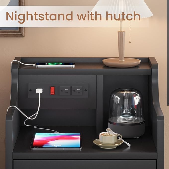 ADORNEVE Night Stand Set 2,Black Nightstand with Charging Station & Hutch,Night Stands for Bedrooms Set of 2,Bedside Table with Drawers