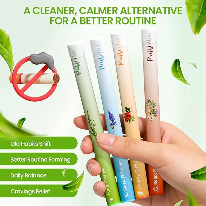 PUFFIAIR Balanced Routine Quad Herbal Diffuser Pen Set | Energy Relax Calm Blends | Green Brown Orange Blue | 4 Count