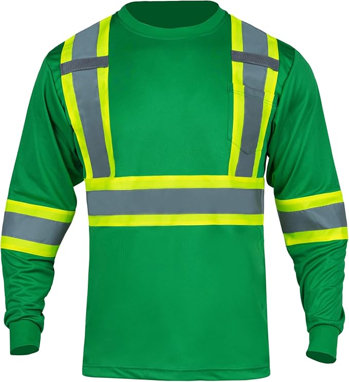 FONIRRA Hi Vis Shirts for Men Reflective ANSI Class 2 Safety Long Sleeve High Visibility Work Construction T Shirts Green