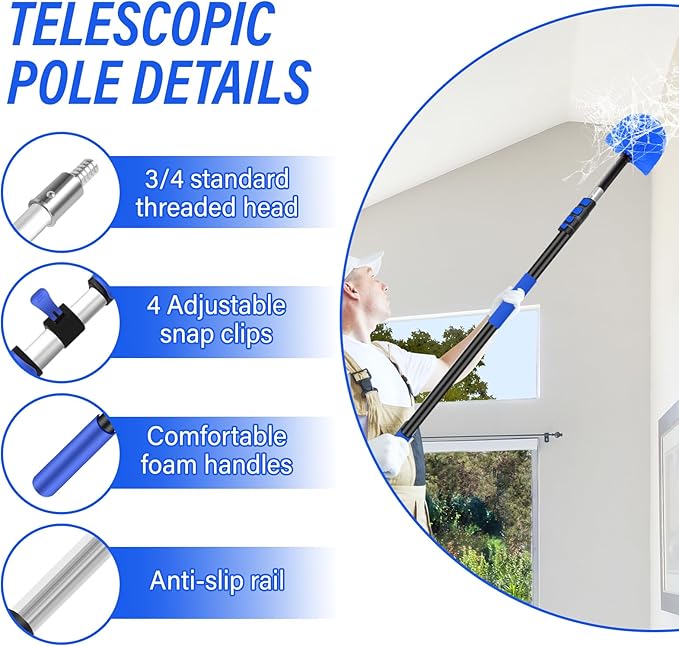 26FT Cobweb Duster with Extension Pole,Spider Web Cleaner with 4-Stage 5-20FT Aluminum Pole, Spider Web Brush for Outdoor and Indoor Cleaning