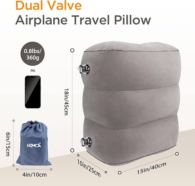 HOMCA Inflatable Travel Foot Rest Pillow (2-Pack) Adjustable Height Leg Pillow Fast Inflating Airplane Bed for Toddlers Footrest Pillow for Office, Airplane, Train, Cars, Home (Grey)