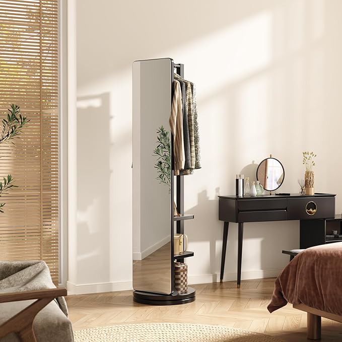 Full Length Mirror with Stand,Mirror Coat Rack,65.7 ''×15.8 ''Floor Mirror for Bedroom, Living Room, Dressing Room (Black)