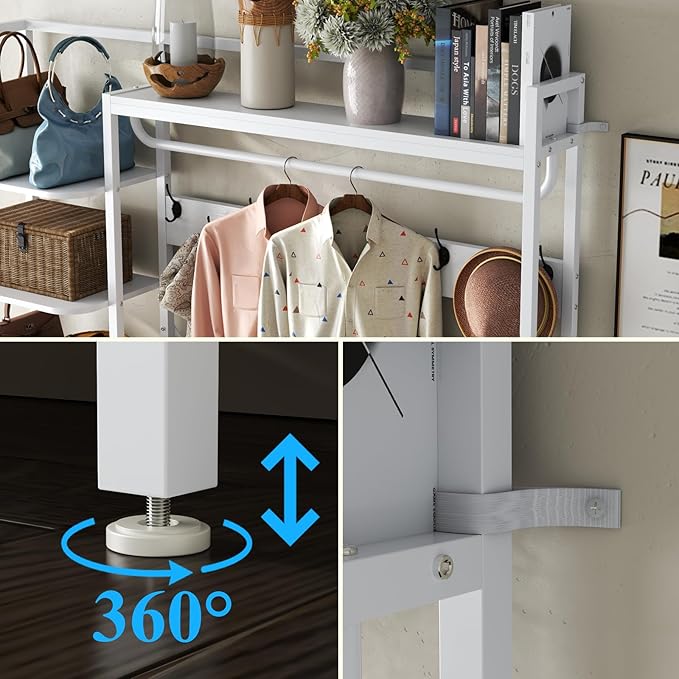 7-in-1 Hall Tree with Bench and Shoe Storage for Entryway, Entryway Bench with Coat Rack, Storage Shelves, Shoe Race, Coat Hooks and 2 Fabric Drawers for Hallway(White)