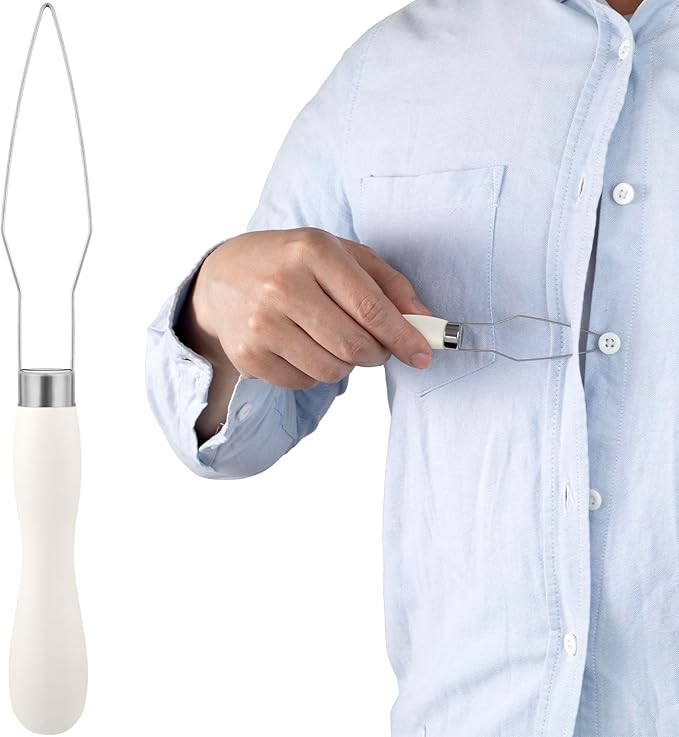 Easy Button Hook, Steel Button Helper Tool for Elderly, Wide Wood Handle Buttons Fastener Device Assist Dressing Aid Tool for Seniors One Hand - 1 Pack, White