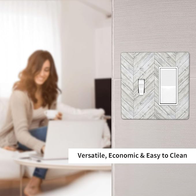 Rustic White Gray Herringbone Wood 2 Gang Single Toggle Rocker Combination Light Switch Cover Vintage Country Decorative Wall Plate Cover Electrical Faceplate Switchplate for Farmhouse Bedroom Decor