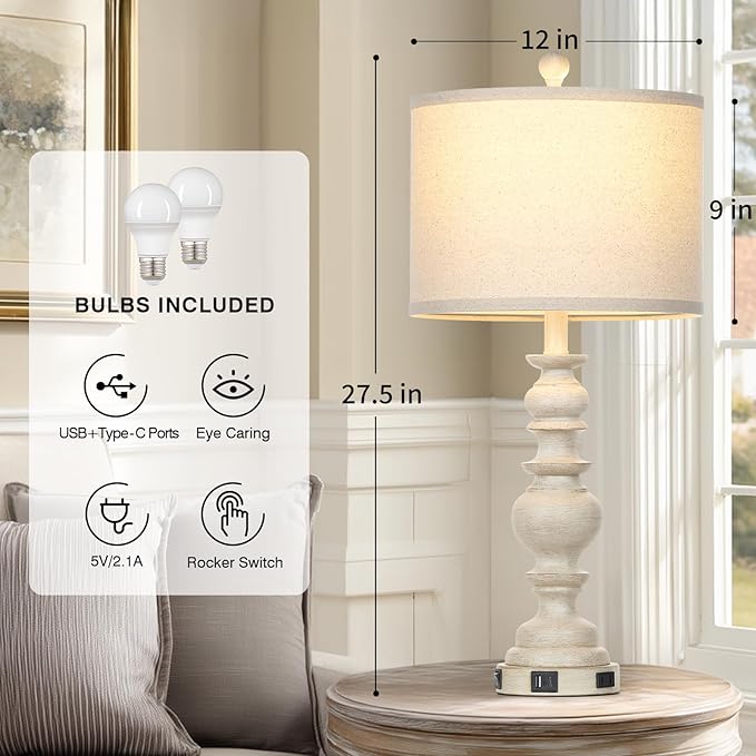 27.5" Beige Farmhouse Table Lamps for Living Room, Rustic Bedside Lamps with USB C+A Ports & AC Outlet, Vintage Bedroom Lamp Set of 2, Tradition Night Stands Lamp for Side End Table Desk