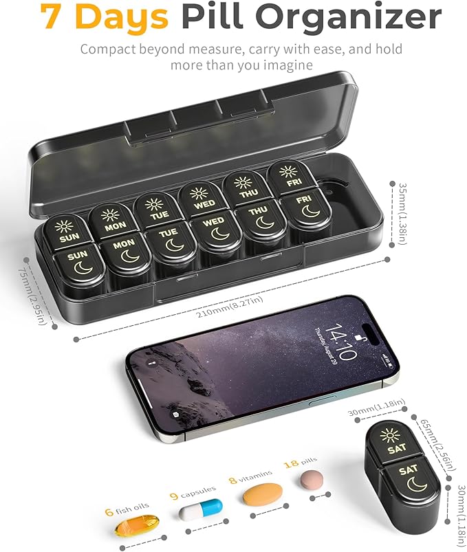 AM & PM Pill Organizer 7 Days, Weekly Pill Case 2 Times a Day, Pill Box 7 Day, Medicine Pill Organizer for Travel, Vitamins, Fish Oils, Supplements