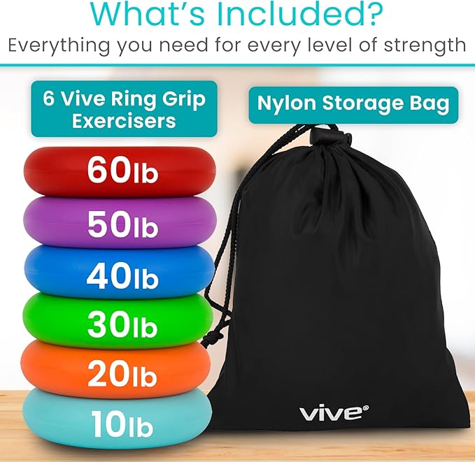 Vive Hand Strengthener Grip Ring - Forearm Ring Hand Exercisers - Silicone Squeezer Gripper for Muscle Strengthening Training Tool - Arthritis Finger Physical Therapy PT Kit Trainer