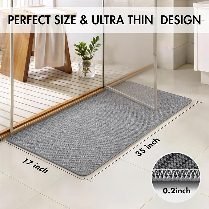 MIULEE Set of 2 Ultra Thin Bathroom Rugs, Rubber Bath Mats for Bathroom Non Slip, Quick Dry Absorbent Bath Rug Machine Washable, Fit Under Door, Shower, Sink, Home Decor, Grey, 17x35 Inch